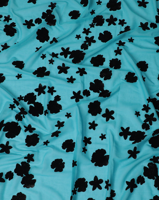 Aqua Blue Premium Swiss Cotton Voile Fabric with Black Floral Flock - Traditional Thobe Material, 140 cm Wide-D20211