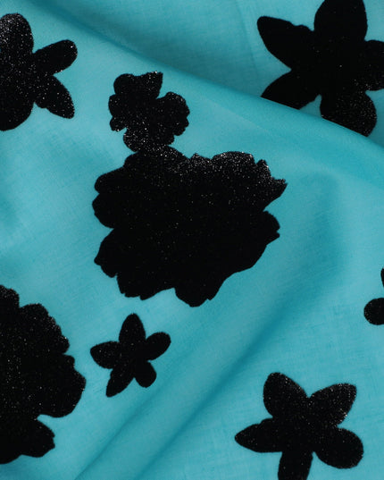 Aqua Blue Premium Swiss Cotton Voile Fabric with Black Floral Flock - Traditional Thobe Material, 140 cm Wide-D20211