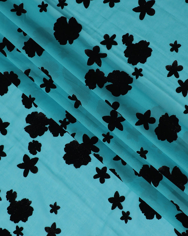 Aqua Blue Premium Swiss Cotton Voile Fabric with Black Floral Flock - Traditional Thobe Material, 140 cm Wide-D20211