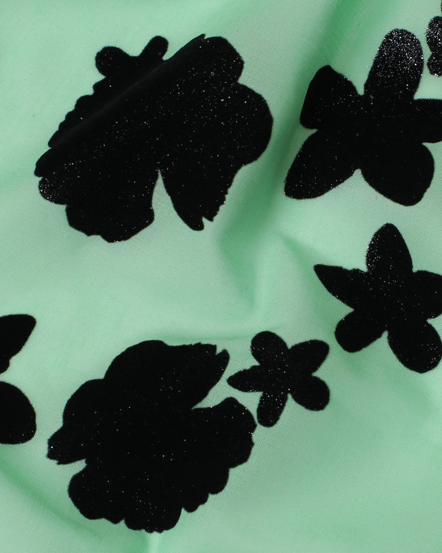 Mint Green Premium Swiss Cotton Voile Fabric with Black Floral Flock - Traditional Thobe Material, 140 cm Wide-D20212