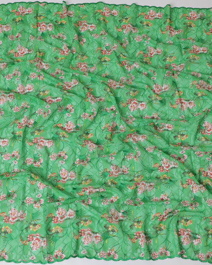 Vibrant Green Premium Cotton Voile Fabric with Multicolor Floral Embroidery - Traditional Thobe Material, 140 cm Wide-D20213