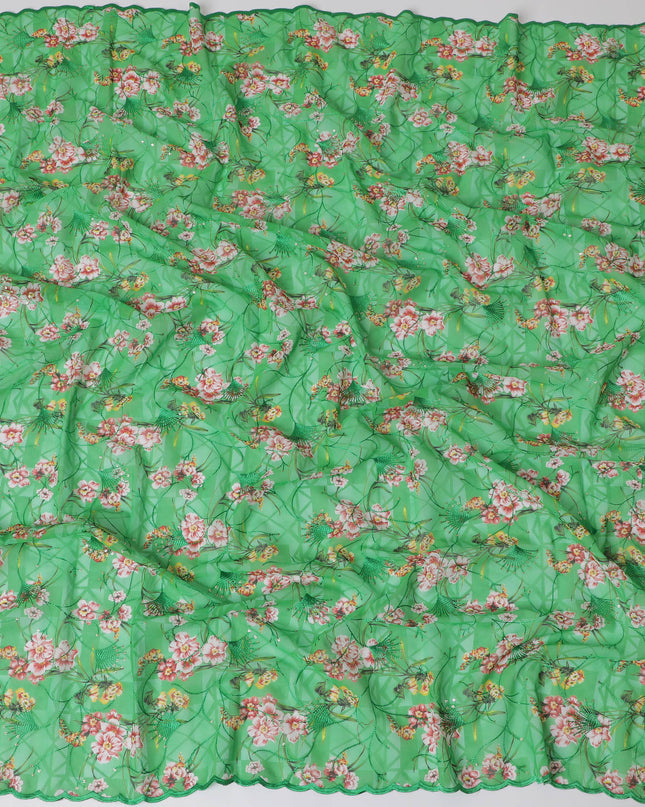 Vibrant Green Premium Cotton Voile Fabric with Multicolor Floral Embroidery - Traditional Thobe Material, 140 cm Wide-D20213