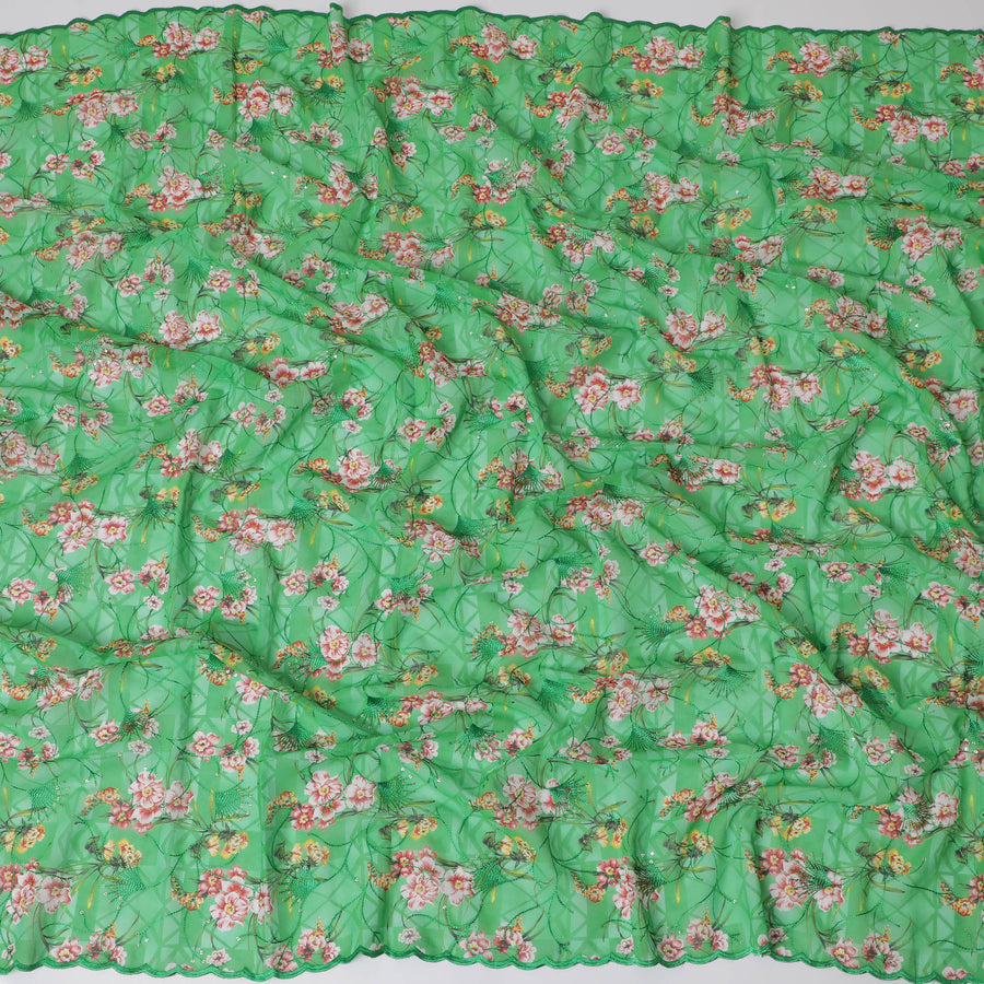 Vibrant Green Premium Cotton Voile Fabric with Multicolor Floral Embroidery - Traditional Thobe Material, 140 cm Wide-D20213