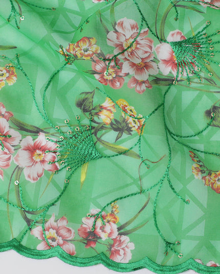 Vibrant Green Premium Cotton Voile Fabric with Multicolor Floral Embroidery - Traditional Thobe Material, 140 cm Wide-D20213