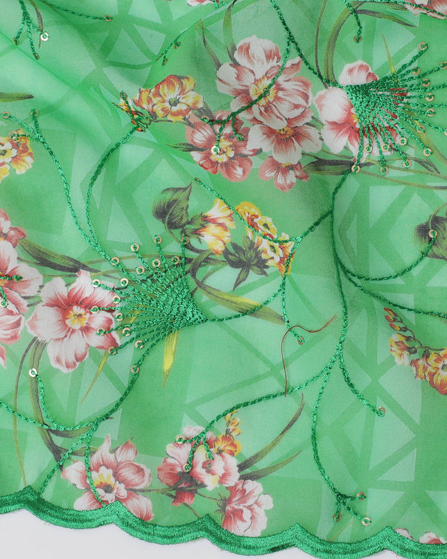 Vibrant Green Premium Cotton Voile Fabric with Multicolor Floral Embroidery - Traditional Thobe Material, 140 cm Wide-D20213