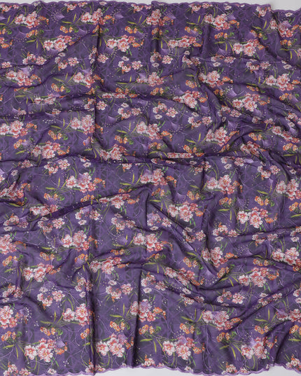 Deep Purple Premium Cotton Voile Fabric with Multicolor Floral Embroidery - Traditional Thobe Material, 140 cm Wide-D20214