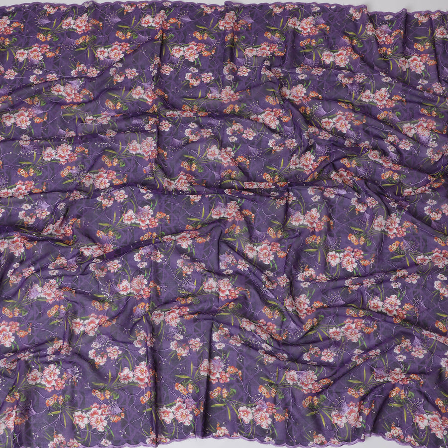 Deep Purple Premium Cotton Voile Fabric with Multicolor Floral Embroidery - Traditional Thobe Material, 140 cm Wide-D20214