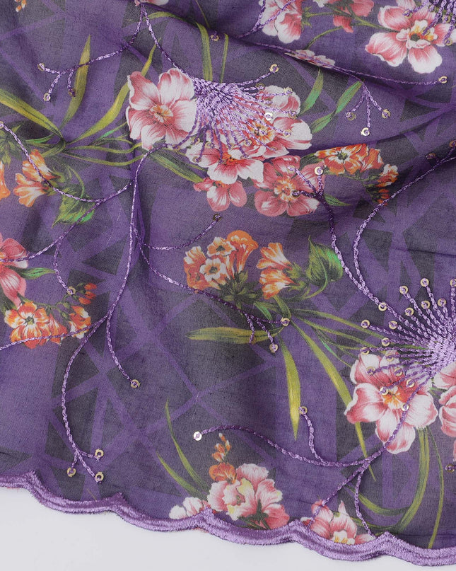 Deep Purple Premium Cotton Voile Fabric with Multicolor Floral Embroidery - Traditional Thobe Material, 140 cm Wide-D20214