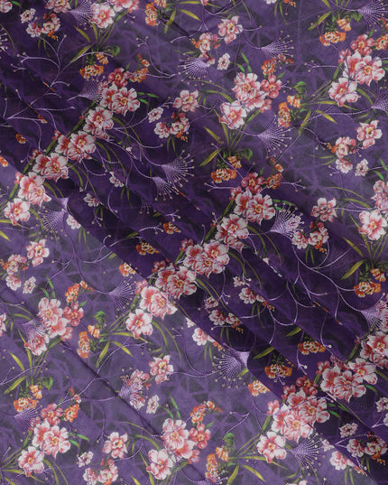 Deep Purple Premium Cotton Voile Fabric with Multicolor Floral Embroidery - Traditional Thobe Material, 140 cm Wide-D20214