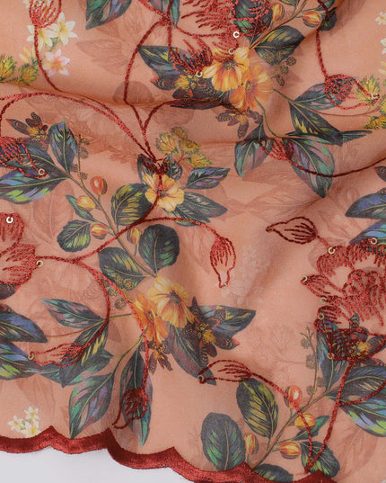 Salmon Pink Premium Cotton Voile Fabric with Tropical Floral Embroidery - Traditional Thobe Material, 140 cm Wide-D20215