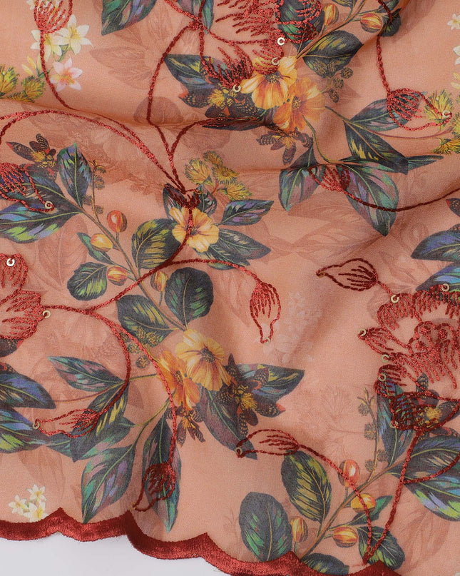 Salmon Pink Premium Cotton Voile Fabric with Tropical Floral Embroidery - Traditional Thobe Material, 140 cm Wide-D20215