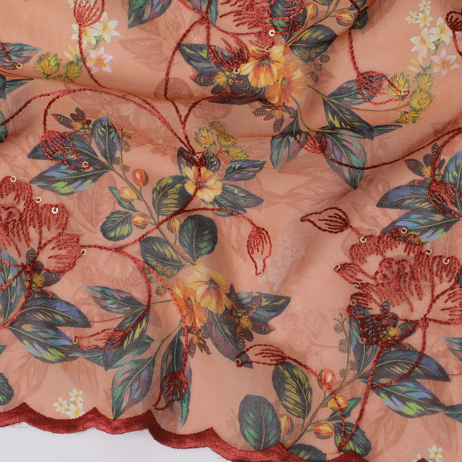 قماش فوال قطني فاخر باللون الوردي السلموني مع تطريز زهور استوائية - خامة ثوب تقليدي، عرض 140 سم - D20215