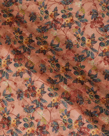 Salmon Pink Premium Cotton Voile Fabric with Tropical Floral Embroidery - Traditional Thobe Material, 140 cm Wide-D20215