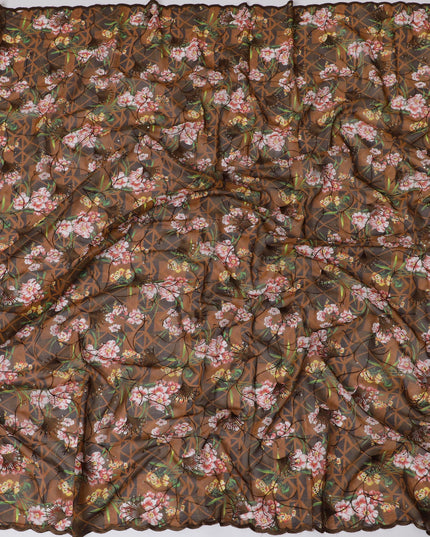 Rich Brown Premium Cotton Voile Fabric with Multicolor Floral Embroidery - Traditional Thobe Material, 140 cm Wide-D20216