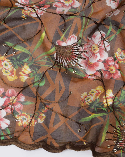 Rich Brown Premium Cotton Voile Fabric with Multicolor Floral Embroidery - Traditional Thobe Material, 140 cm Wide-D20216