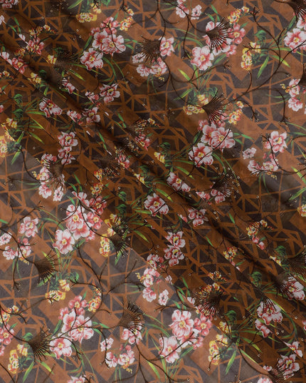 Rich Brown Premium Cotton Voile Fabric with Multicolor Floral Embroidery - Traditional Thobe Material, 140 cm Wide-D20216