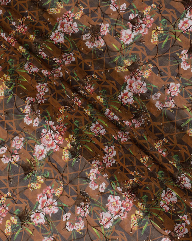 Rich Brown Premium Cotton Voile Fabric with Multicolor Floral Embroidery - Traditional Thobe Material, 140 cm Wide-D20216