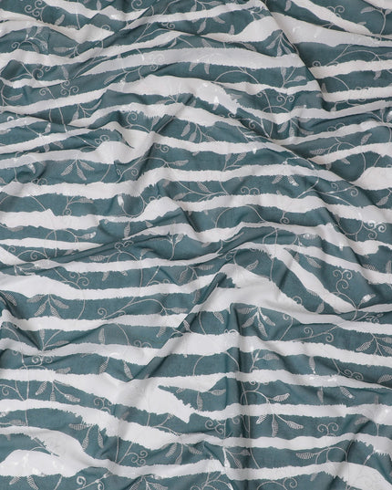 Teal Premium Cotton Voile Fabric with White Wave and Feather Embroidery - Traditional Thobe Material, 140 cm Wide-D20217