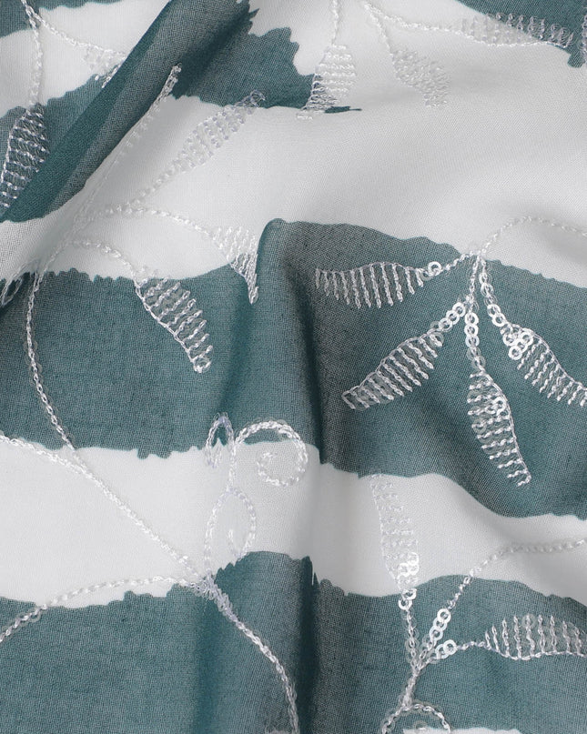 Teal Premium Cotton Voile Fabric with White Wave and Feather Embroidery - Traditional Thobe Material, 140 cm Wide-D20217