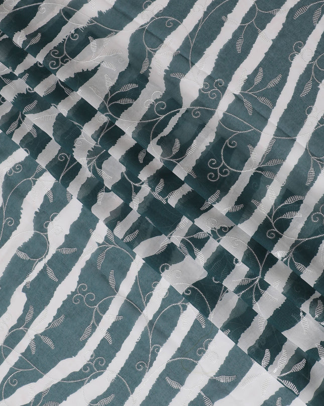 Teal Premium Cotton Voile Fabric with White Wave and Feather Embroidery - Traditional Thobe Material, 140 cm Wide-D20217