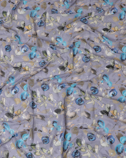 Soft Gray Premium Cotton Voile Fabric with Colorful Botanical and Bird Print - Traditional Thobe Material, 140 cm Wide-D20220