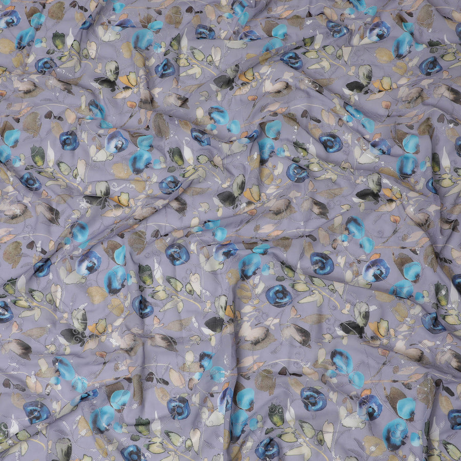 Soft Gray Premium Cotton Voile Fabric with Colorful Botanical and Bird Print - Traditional Thobe Material, 140 cm Wide-D20220