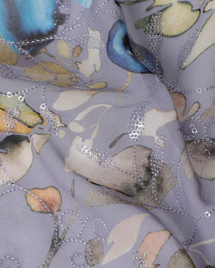 Soft Gray Premium Cotton Voile Fabric with Colorful Botanical and Bird Print - Traditional Thobe Material, 140 cm Wide-D20220