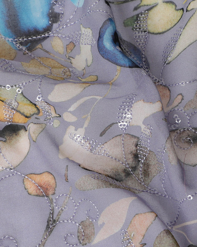 Soft Gray Premium Cotton Voile Fabric with Colorful Botanical and Bird Print - Traditional Thobe Material, 140 cm Wide-D20220