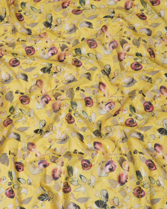 Vibrant Yellow Premium Cotton Voile Fabric with Delicate Floral Print - Traditional Thobe Material, 140 cm Wide-D20221