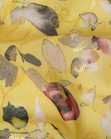 Vibrant Yellow Premium Cotton Voile Fabric with Delicate Floral Print - Traditional Thobe Material, 140 cm Wide-D20221