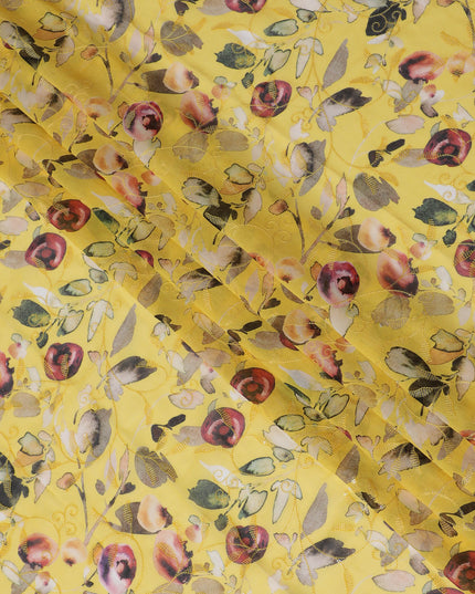 Vibrant Yellow Premium Cotton Voile Fabric with Delicate Floral Print - Traditional Thobe Material, 140 cm Wide-D20221