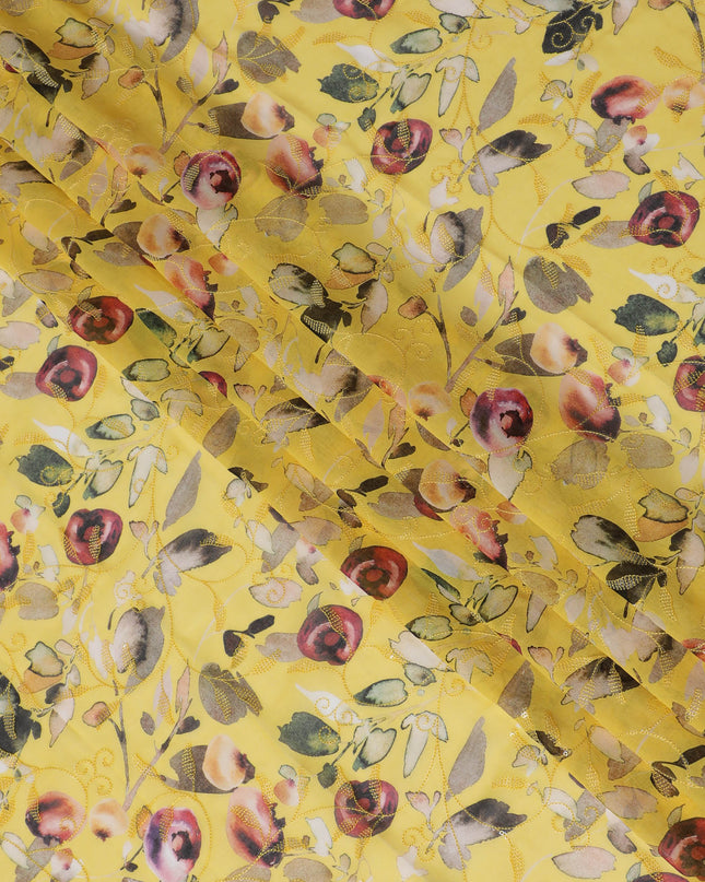 Vibrant Yellow Premium Cotton Voile Fabric with Delicate Floral Print - Traditional Thobe Material, 140 cm Wide-D20221