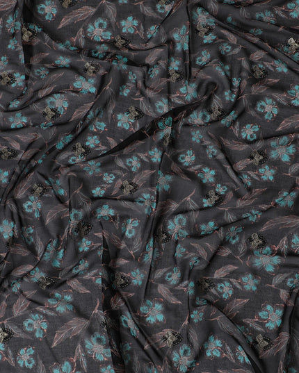 Black Premium Cotton Voile Fabric with Vibrant Red Floral Embroidery - Traditional Thobe Material, 140 cm Wide-D20224