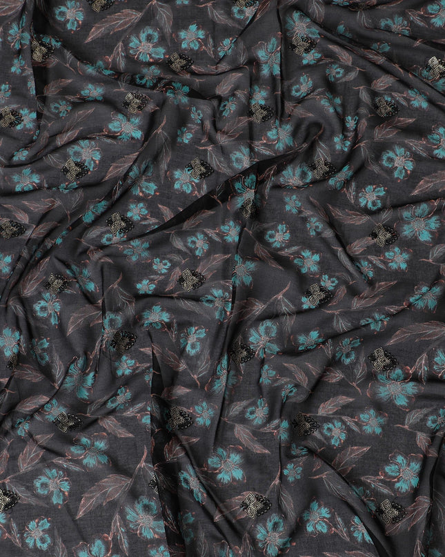 Black Premium Cotton Voile Fabric with Vibrant Red Floral Embroidery - Traditional Thobe Material, 140 cm Wide-D20224