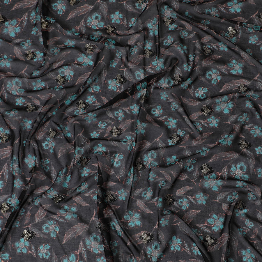 قماش فوال قطني فاخر أسود مع تطريز زهور حمراء نابضة بالحياة - خامة ثوب تقليدي، عرض 140 سم - D20224