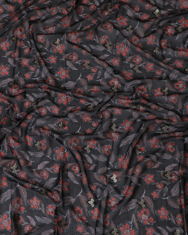 Black Premium Cotton Voile Fabric with Bold Red Floral Embroidery - Traditional Thobe Material, 140 cm Wide-D20225