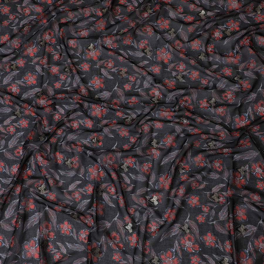 قماش فوال قطني فاخر أسود مع تطريز زهري أحمر جريء - خامة ثوب تقليدي، عرض 140 سم - D20225