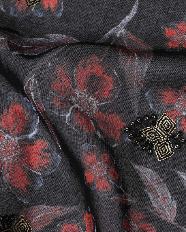 Black Premium Cotton Voile Fabric with Bold Red Floral Embroidery - Traditional Thobe Material, 140 cm Wide-D20225