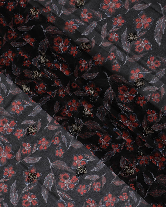 Black Premium Cotton Voile Fabric with Bold Red Floral Embroidery - Traditional Thobe Material, 140 cm Wide-D20225