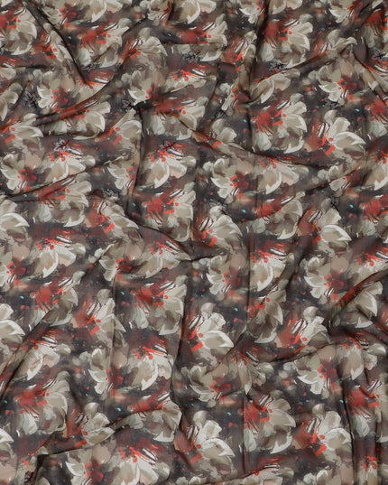 Brown Premium Cotton Voile Fabric with Large White and Red Floral Patterns - Traditional Thobe Material, 140 cm Wide-D20226