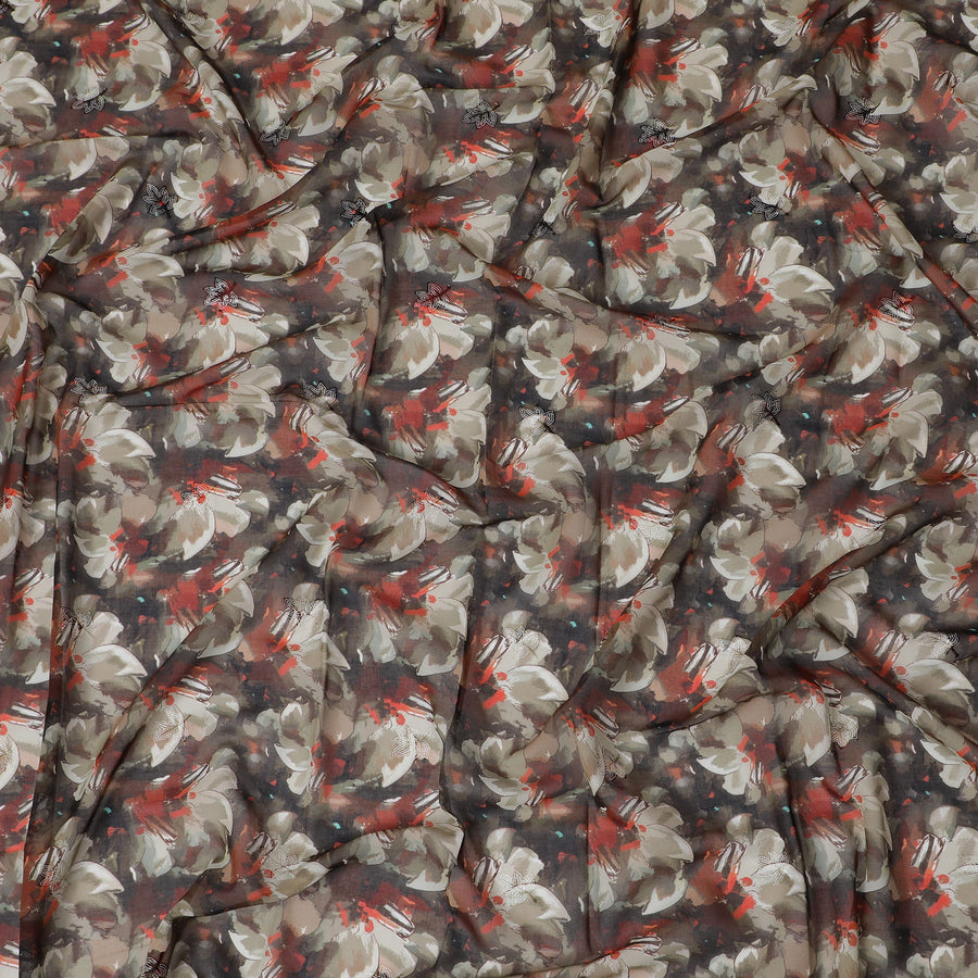 Brown Premium Cotton Voile Fabric with Large White and Red Floral Patterns - Traditional Thobe Material, 140 cm Wide-D20226