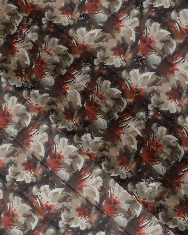 Brown Premium Cotton Voile Fabric with Large White and Red Floral Patterns - Traditional Thobe Material, 140 cm Wide-D20226