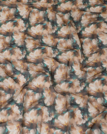 Dark Teal Premium Cotton Voile Fabric with Large Cream Floral Patterns - Traditional Thobe Material, 140 cm Wide-D20227