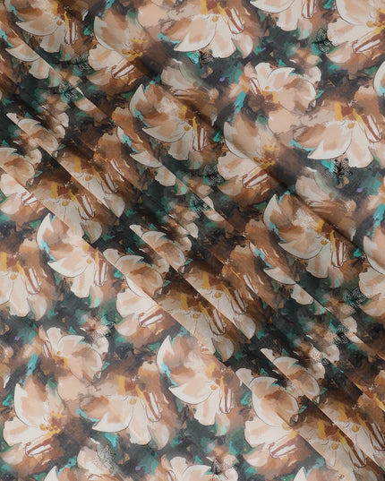 Dark Teal Premium Cotton Voile Fabric with Large Cream Floral Patterns - Traditional Thobe Material, 140 cm Wide-D20227