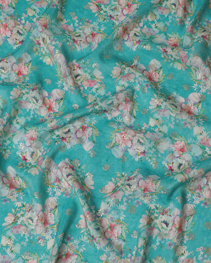 Turquoise Floral Viscose Digital Printed Fabric - Soft & Lightweight, 110 cm Width-D20255