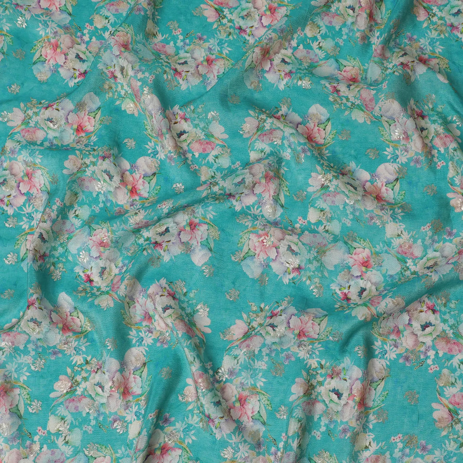 Turquoise Floral Viscose Digital Printed Fabric - Soft & Lightweight, 110 cm Width-D20255 Regal Fabrics