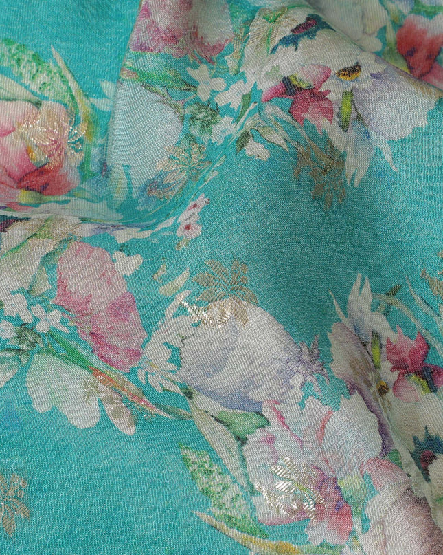 Turquoise Floral Viscose Digital Printed Fabric - Soft & Lightweight, 110 cm Width-D20255