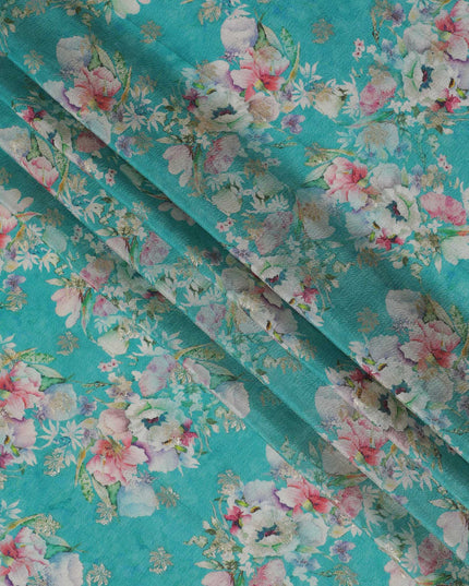 Turquoise Floral Viscose Digital Printed Fabric - Soft & Lightweight, 110 cm Width-D20255