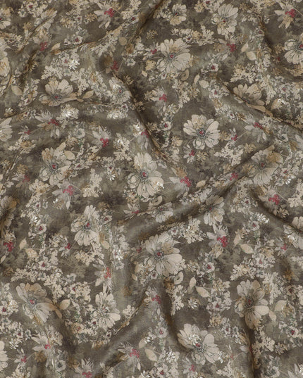 Vintage Grey Floral Viscose Digital Printed Fabric - Soft & Lightweight, 110 cm Width-D20257