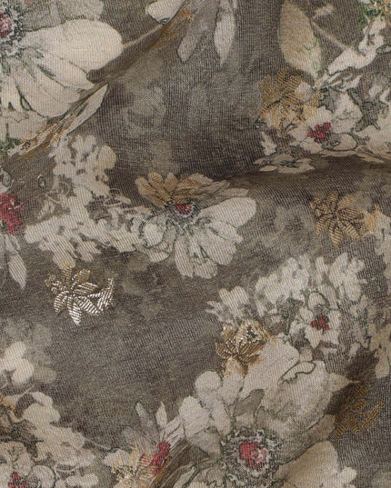 Vintage Grey Floral Viscose Digital Printed Fabric - Soft & Lightweight, 110 cm Width-D20257